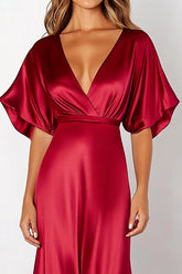 Rotes Etui Kurzärmeliges Satin Festlich Kleid mit tiefem V-Ausschnitt